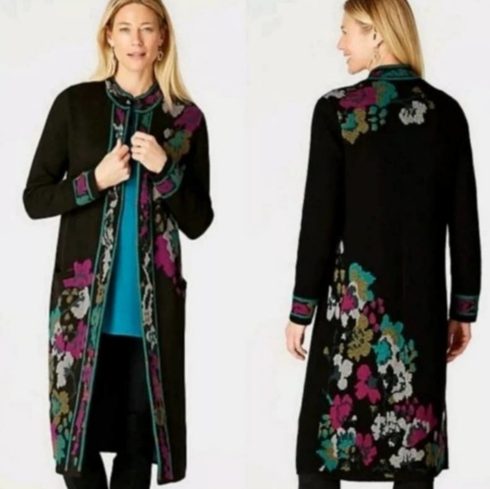 J Jill black floral boho duster long length sweater jacket, M